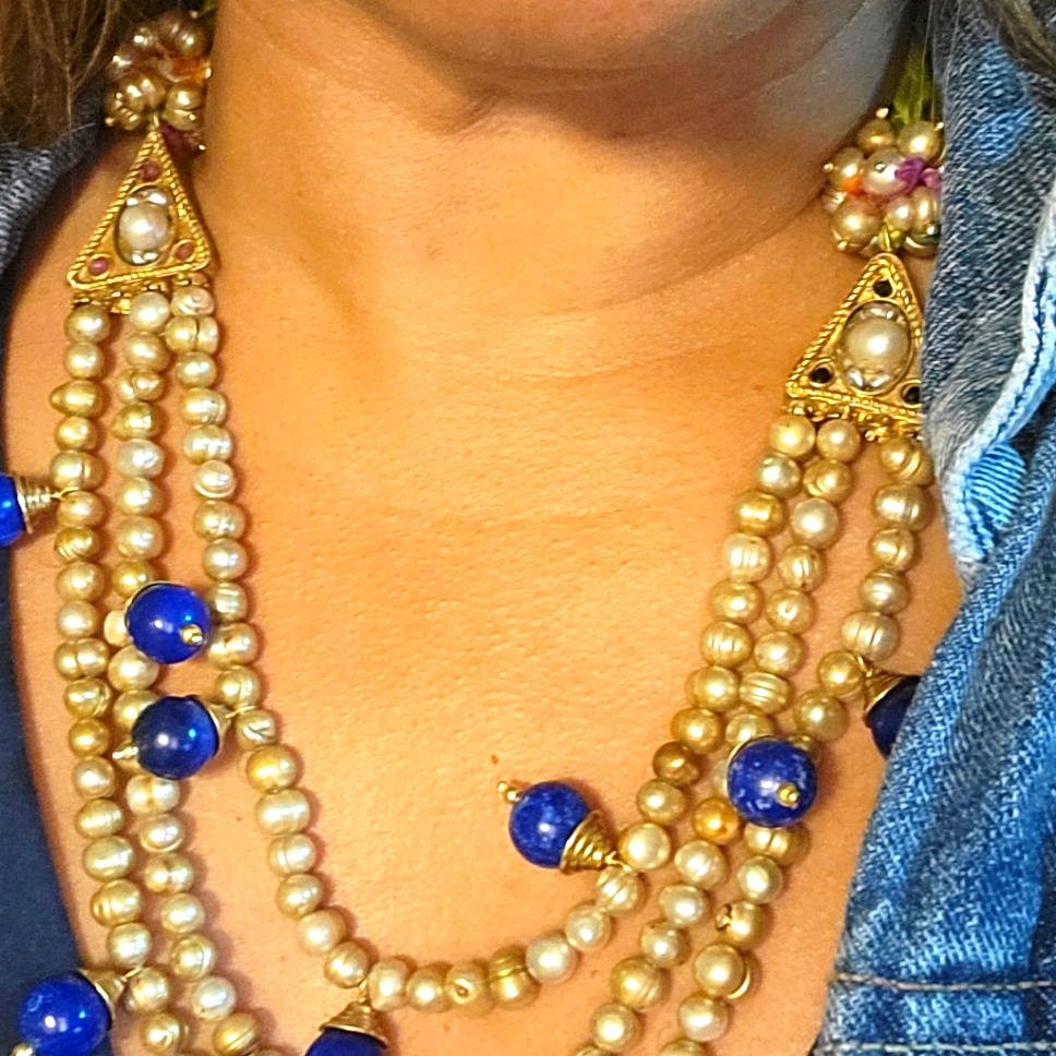 Artisan, Rare, Multi Strands Pearls Necklace With Semi Precious Gemstones.